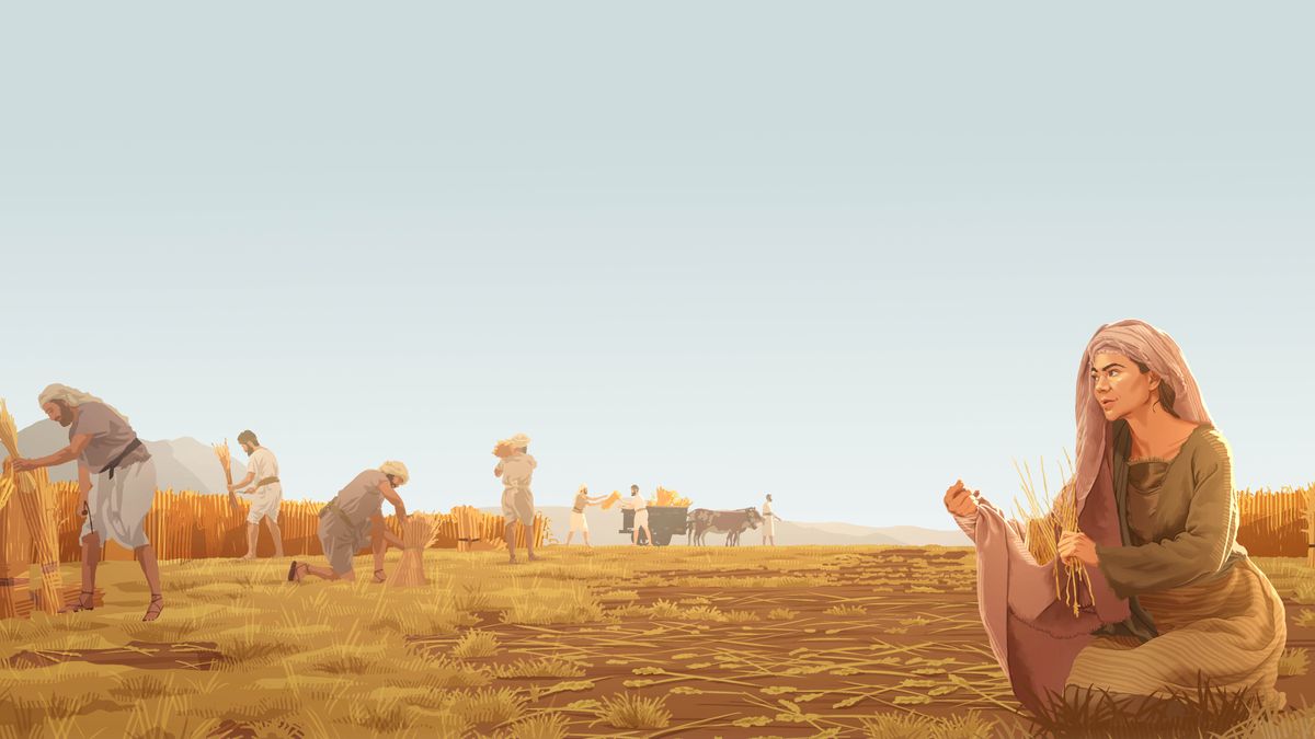 Ruth folgt auf dem Feld von Boas den Erntearbeitern und sammelt Gerste.