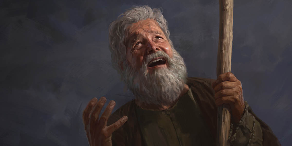 Der Prophet Moses ist voller Sorge. Er schaut zum Himmel und betet zu Gott.