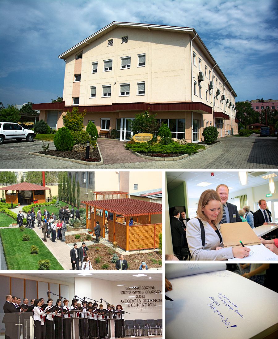 Bilder von der Bestimmungsübergabe des Zweigkomplexes: der Chor singt, die Zeugen unterhalten sich vor dem Gebäude und Besucher tragen sich im Foyer in ein Gästebuch ein