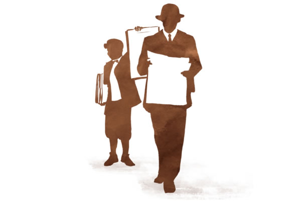 A newspaper boy and a man reading a newspaper