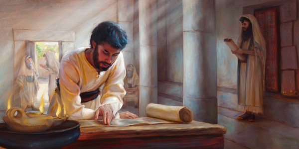 A first-century Christian man carefully examines a scroll