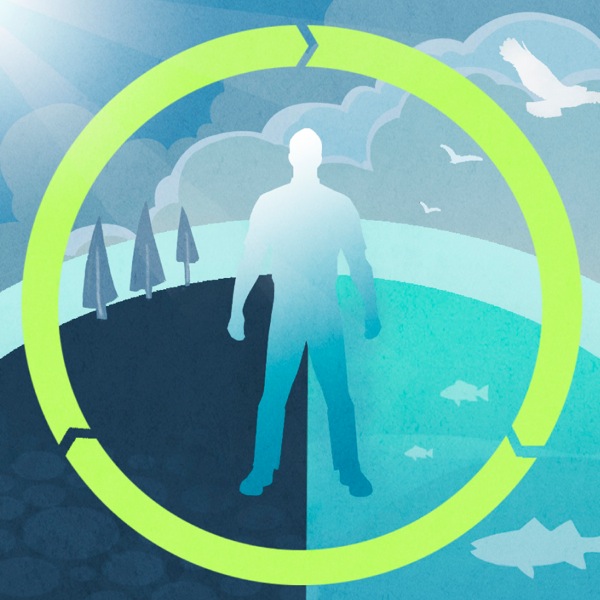 Outline of a man and his imprint on the land, the ocean, and the atmosphere