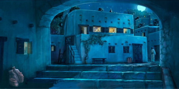 A full moon shines over a house with an upper room where Jesus and his apostles celebrate the Passover