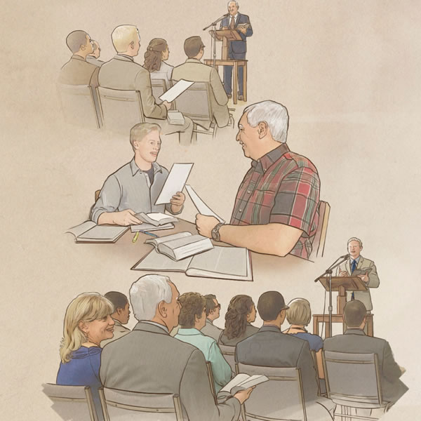 1. An elder giving a public talk; 2. An elder helping a ministerial servant; 3. A ministerial servant giving a public talk