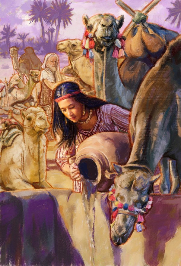 Rebekah pouring water for Eliezer’s camels to drink