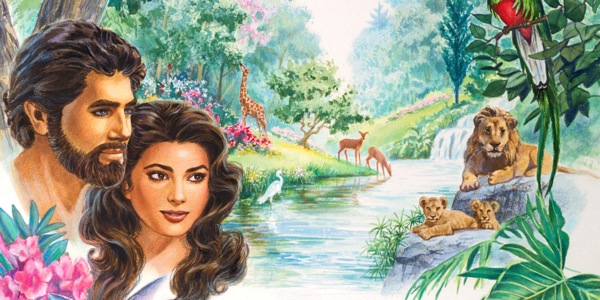 Adán y Eva en el jardín de Edén, rodeados de animales