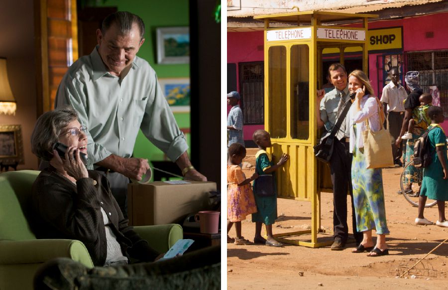 Fotos de unos padres y un matrimonio de misioneros. 1. Los padres hablando con una sonrisa por teléfono. 2. El matrimonio, feliz, también hablando por teléfono en el país en el que sirven.
