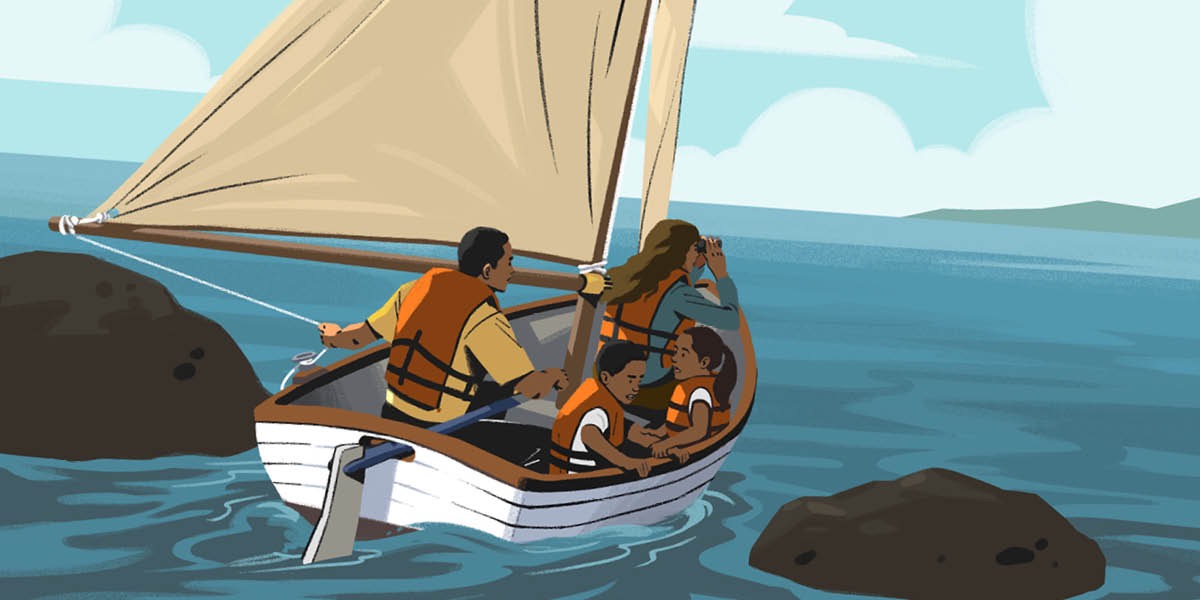 Una familia en un barco con timón