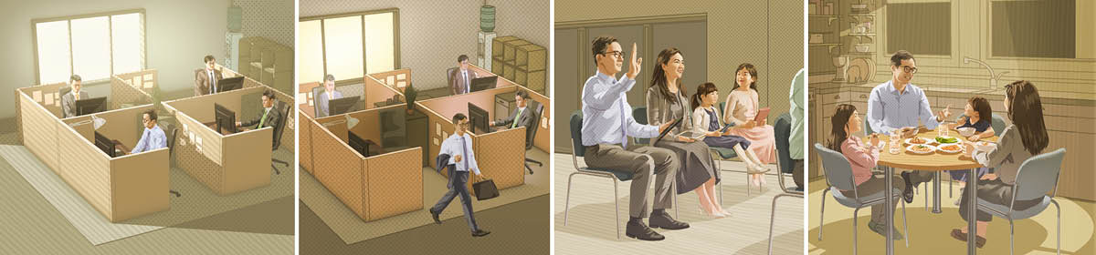 Imágenes del mismo hombre apartando tiempo para las cosas más importantes: 1. Trabajando en una oficina durante el día. 2. Saliendo del trabajo al terminar su jornada. 3. Levantado la mano durante una reunión de la congregación. 4. Cenando con su esposa y sus dos hijas.