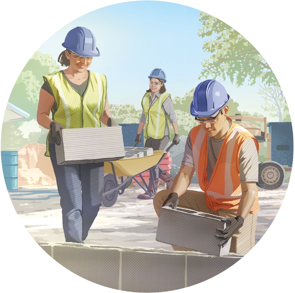 Varios voluntarios testigos de Jehová colaborando en la construcción de un Salón del Reino.