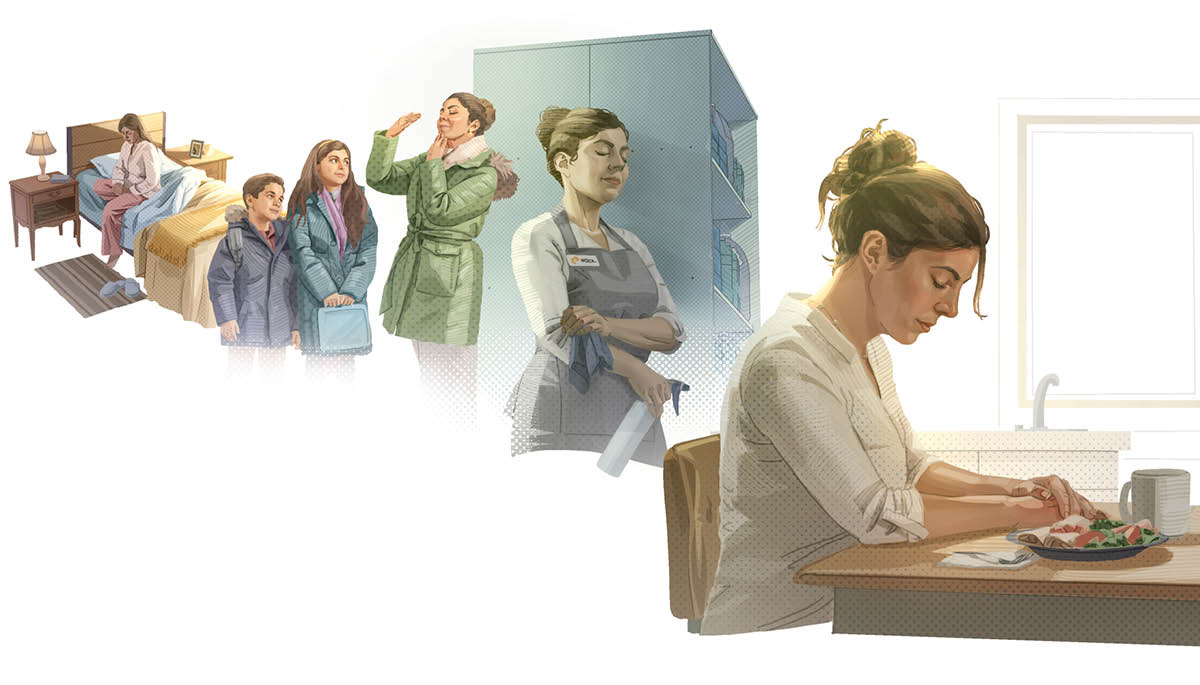 Fotos de una mujer orando a lo largo del día: 1. Al despertar. 2. Con sus hijos. 3. En el trabajo. 4. Antes de comer.