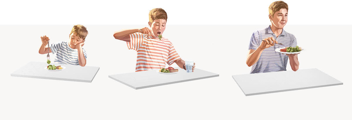 Fotos de un chico que en distintas etapas de su vida le va tomando el gusto a cierta comida: 1. El niño jugando con el tenedor y la comida. 2. Un poco más mayor, el niño comiéndosela rápido. 3. Ya de adolescente, comiéndosela con gusto.