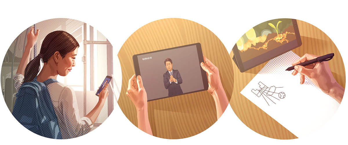 Fotos de una mujer preparándose para su clase de la Biblia: A. Leyendo la primera parte de la lección. B. Leyendo las referencias de la Biblia. C. Marcando las palabras y las frases clave de la lección.