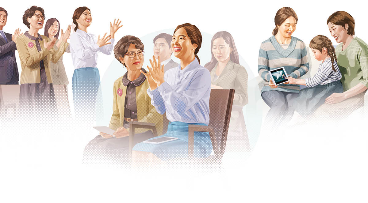 Fotos de una estudiante de la Biblia que está aprendiendo a adorar a Dios como él quiere: 1. Cantándole alabanzas a Dios en una reunión de la congregación. 2. Comentando en una reunión de la congregación. 3. Enseñándoles un video basado en la Biblia a una mujer y a su hijita.