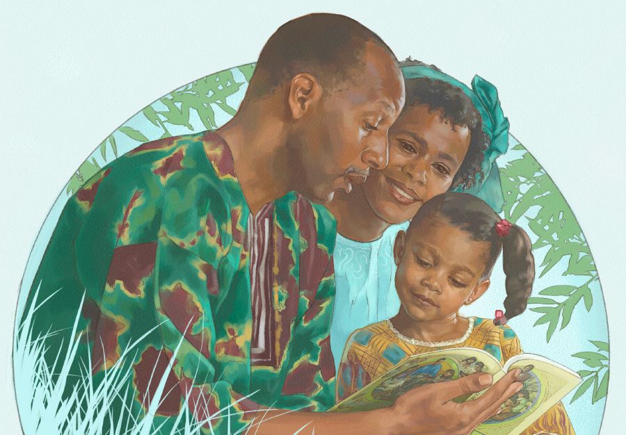 Unos padres enseñan a su hija acerca de la Biblia