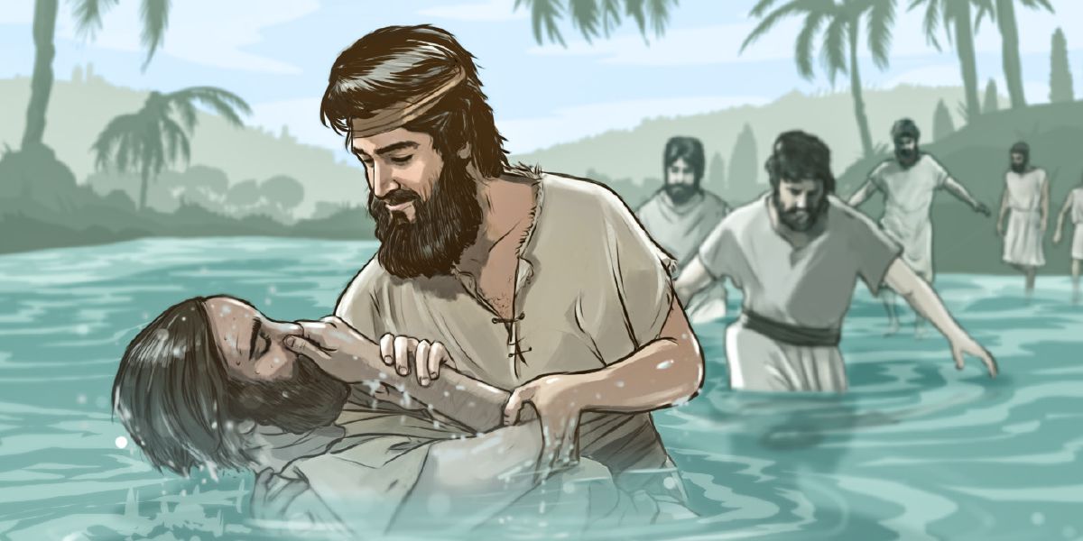 Juan el Bautista bautizando a unas personas.