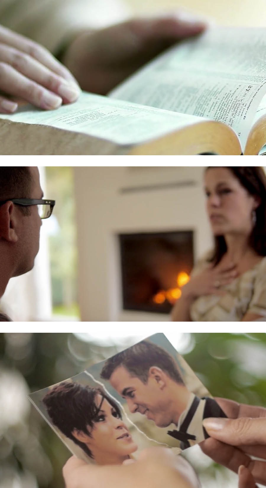Alguien leyendo la Biblia, un esposo escuchando a su esposa y una foto de boda rota