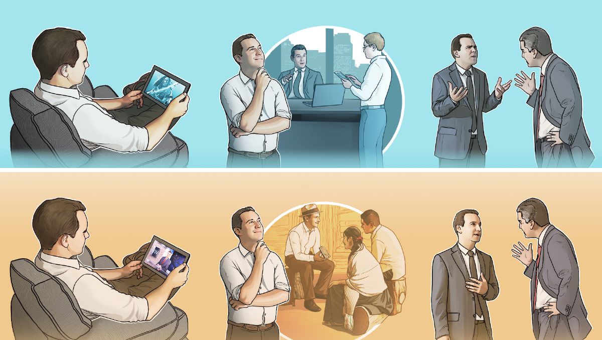 Distracciones, metas e interacciones de un hombre físico y un hombre espiritual