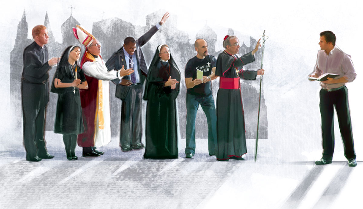 Un grupo de líderes religiosos reprendiendo a un hermano que sostiene una Biblia