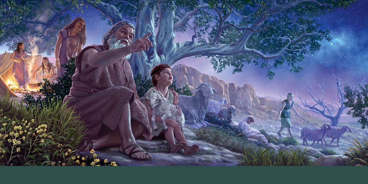 Abrahán hablándole a Isaac sobre Jehová mientras señala el cielo lleno de estrellas. Sara está detrás observándolos