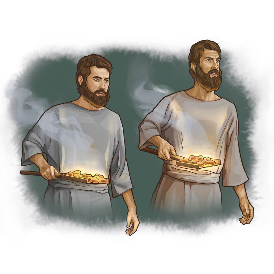 Nadab y Abihú llevando unos braserillos con brasas e incienso.