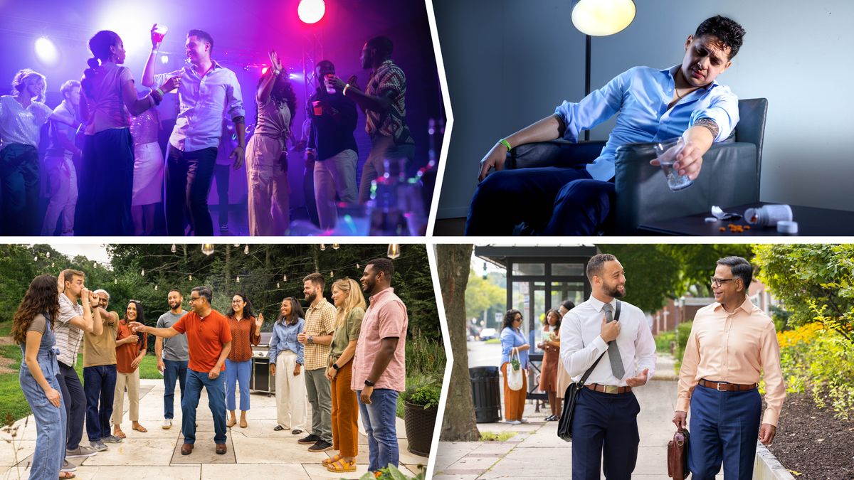 Fotos que comparan las malas decisiones de un hombre que no es Testigo con las buenas decisiones de dos Testigos: 1. Un hombre baila en una discoteca con una bebida en la mano. 2. Luego siente náuseas, y tiene que tomar medicinas. 3. Por la tarde, hermanos y hermanas disfrutan de una reunión social al aire libre. Los dos hombres Testigos cantan, bailan y comen con los demás. 4. Al día siguiente, van a predicar juntos.