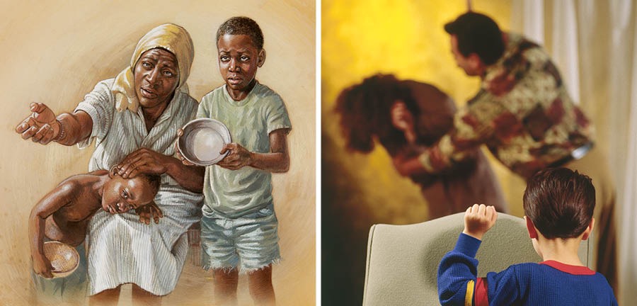 Una viuda y sus hijos piden comida; un niño ve como un hombre golpea a su mamá