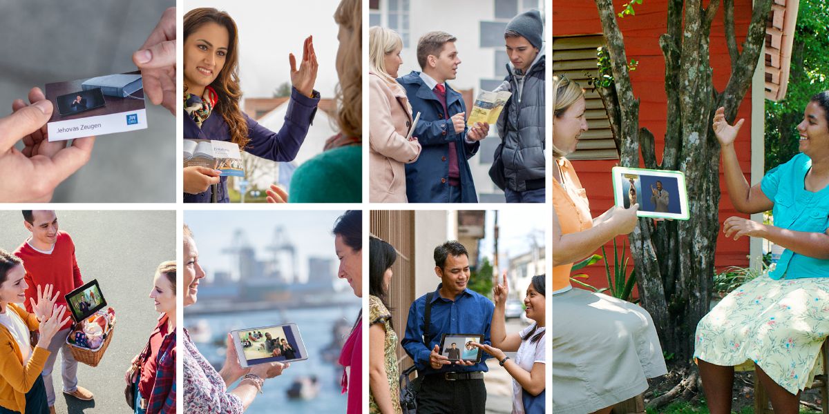 Testigos de Jehová utilizando las publicaciones del kit de enseñanza en el ministerio