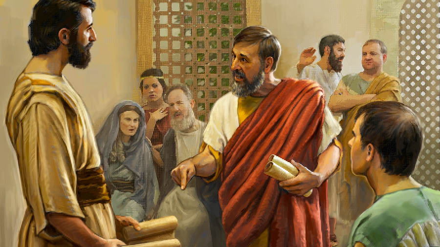 En una congregación del siglo primero, un cristiano desafía la autoridad de Timoteo. Algunos de los presentes observan la escena sorprendidos, y otros se burlan de él.