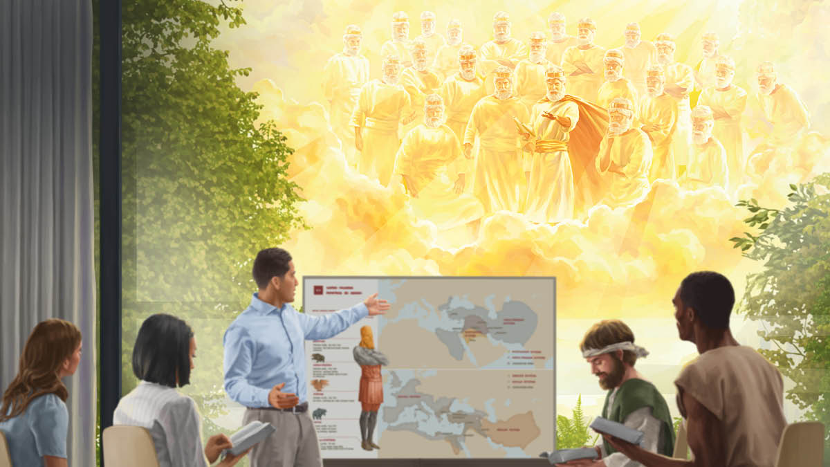 La misma escena del artículo anterior vista desde otro ángulo. Jesús y los 144.000 observan desde el cielo al hermano que les está explicando a los resucitados el significado de la imagen del sueño de Nabucodonosor que menciona el capítulo 2 de Daniel.