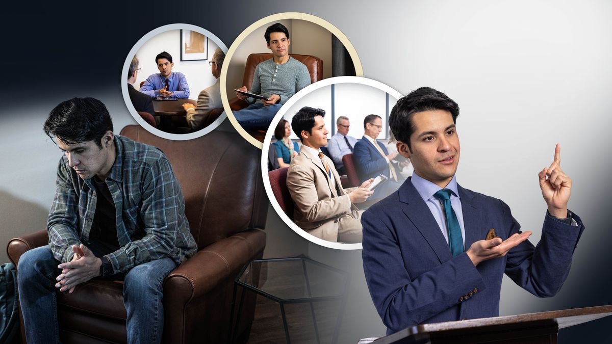 Serie de fotos: 1. Un hermano muy triste con la Biblia abierta a su lado. 2. El hermano habla con dos ancianos. 3. Medita en lo que está leyendo en su tableta. 4. Escucha con atención en una reunión en el Salón del Reino. 5. Da un discurso en una reunión.