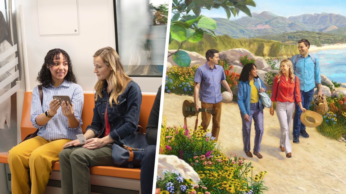 Serie de fotos: 1. Una hermana usa su teléfono para predicarle a una mujer en el tren. 2. En el nuevo mundo, la hermana y su esposo pasean felices con la mujer del tren y su esposo.