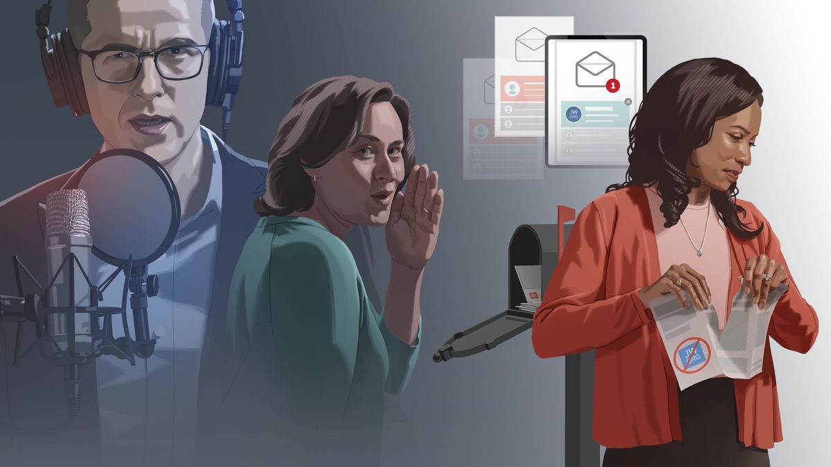 Serie de fotos: Varias formas en las que pueden llegarnos historias falsas. 1. Un hombre grabando un podcast. 2. Una mujer susurrando. 3. Correos electrónicos no solicitados. 4. Panfletos publicitarios en el buzón físico. Una hermana que recibe estos panfletos en su buzón los rompe.