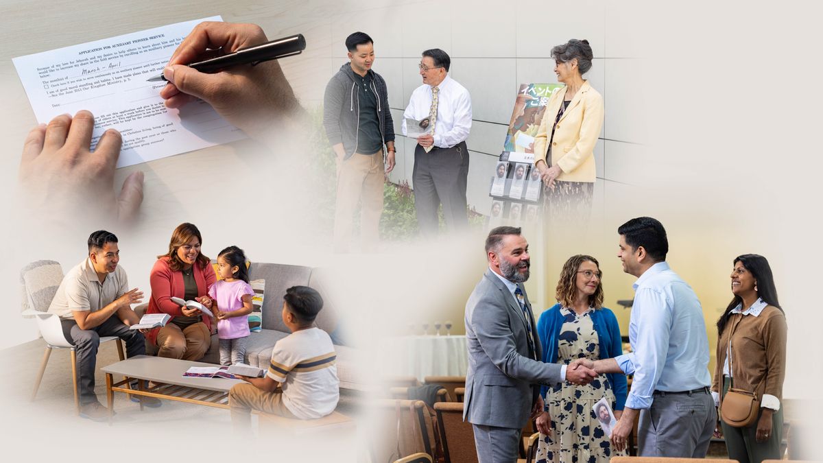 Fotos de formas de agradecer el amor de Jehová: 1. Un publicador llena la solicitud para ser precursor auxiliar. 2. Un padre tiene la adoración en familia con su esposa y sus dos hijos. 3. Un matrimonio predica con los carritos. El esposo le ofrece a un hombre una invitación a la Conmemoración. 4. Un matrimonio les da la bienvenida a unos invitados a la Conmemoración.