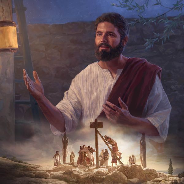 Serie de fotos: 1. Jesús hablando durante la noche. 2. Unos soldados romanos bajan del madero de tormento el cuerpo de Jesús.