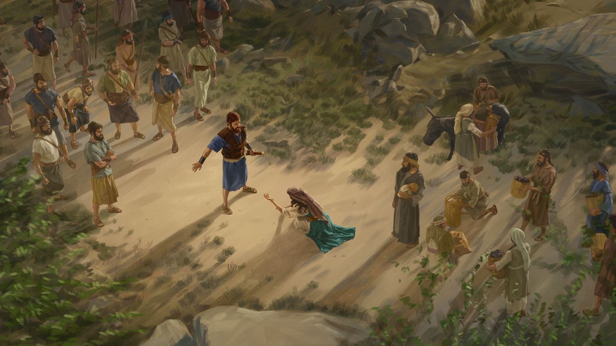 David escucha con atención las súplicas de Abigaíl, quien está arrodillada. Los hombres de David, que están a su lado, observan atentamente. Los siervos de Abigaíl esperan detrás de ella con las manos llenas de regalos.