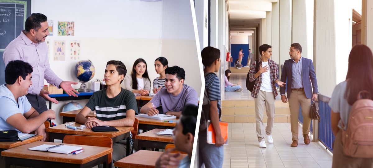 Escenificación de Ignacio en la escuela: 1. Ignacio está sentado, mirando con respeto y serenidad a su maestro, mientras este se burla de él frente a los demás estudiantes. 2. Luego, el maestro escucha atentamente lo que Ignacio le dice.