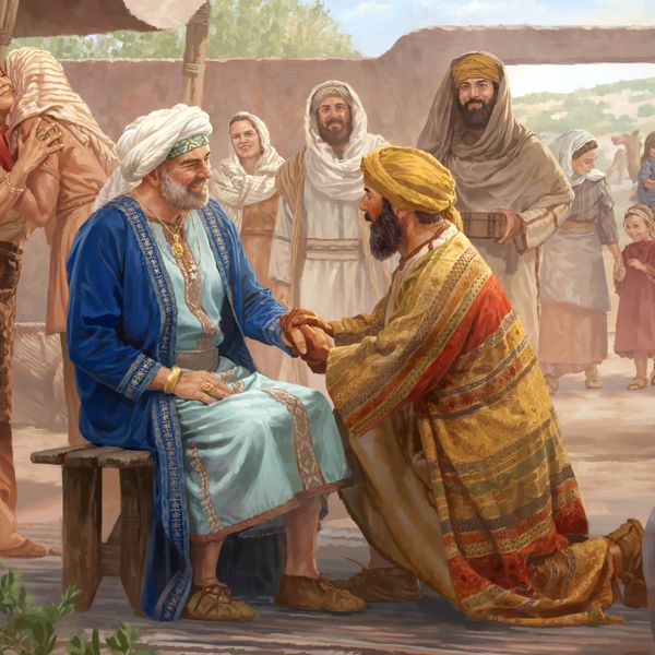 Job, lleno de salud y bien vestido, disfrutando de la compañía de muchos amigos que han ido a su casa a visitarlos a él y a su esposa.