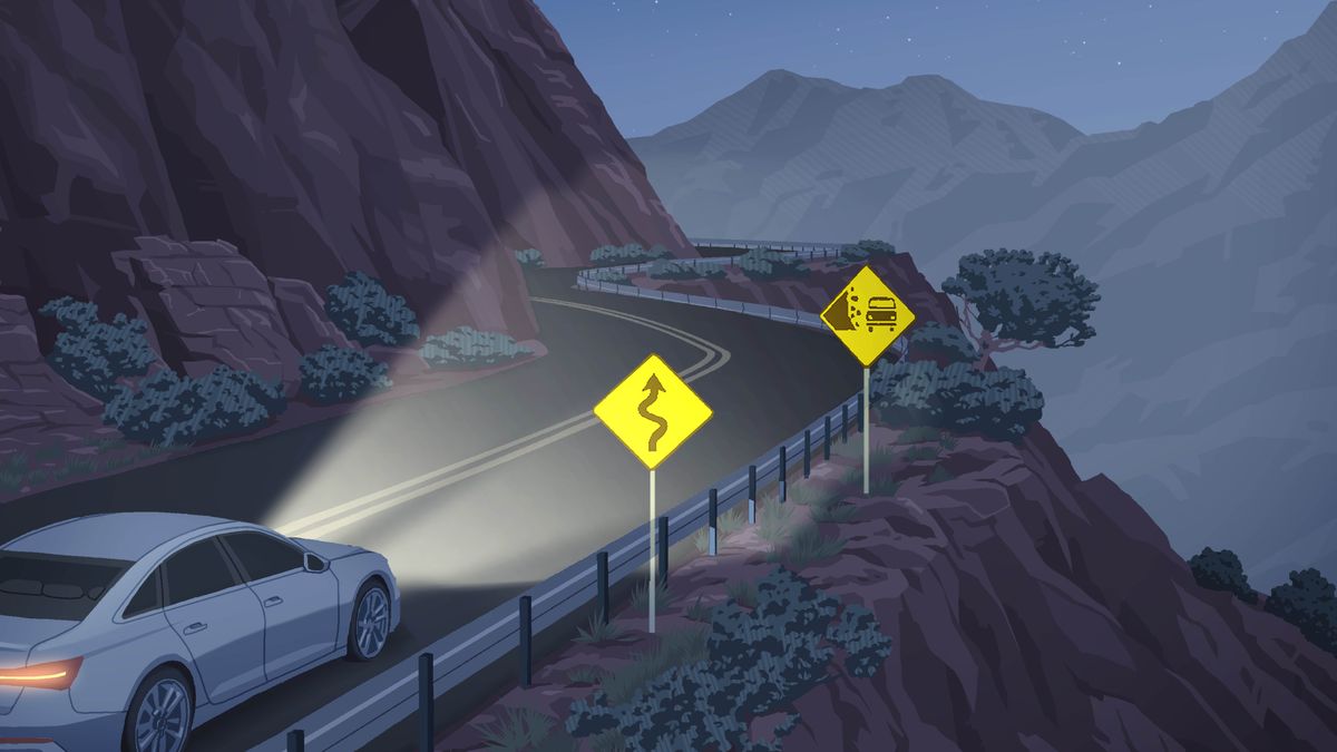 Un auto va por la noche por una carretera de montaña llena de curvas. Sus luces iluminan varias señales de peligro.