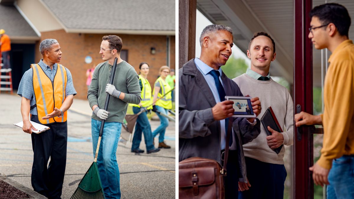 Serie de fotos: 1. Un hermano se ofende por la manera en que le habla otro hermano mientras realizan trabajos de mantenimiento en la zona exterior de un Salón del Reino. 2. Más tarde, el hermano que se ofendió predica feliz de casa en casa con el otro hermano.