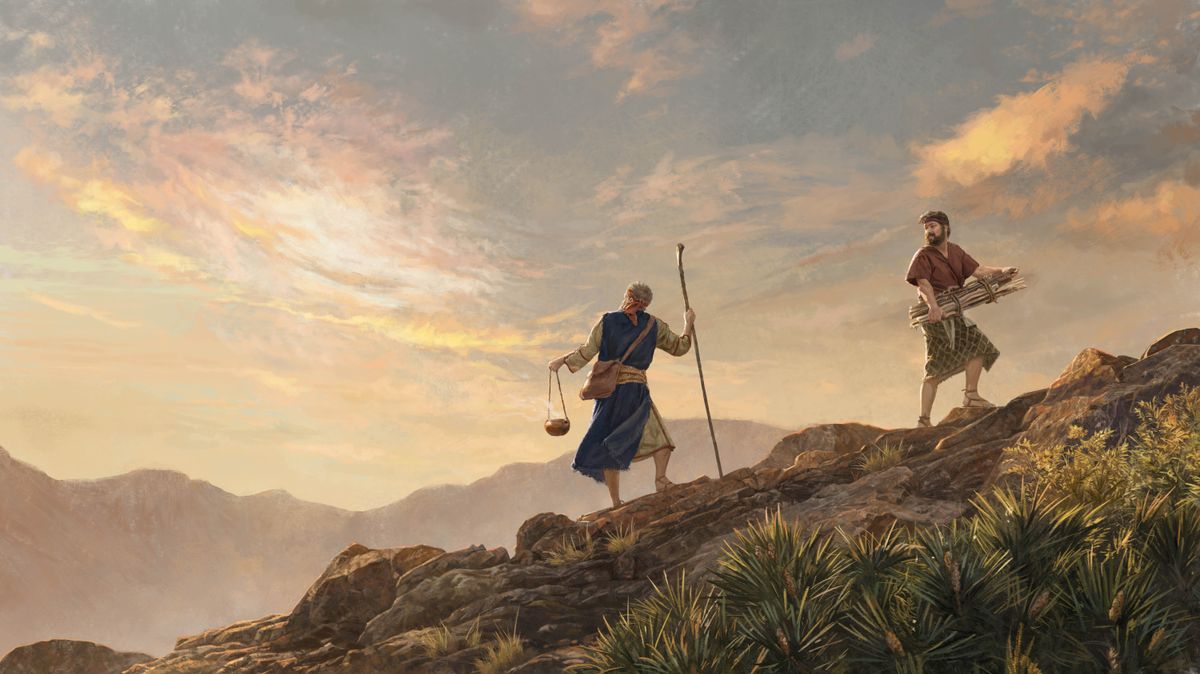 Abrahán e Isaac subiendo una montaña. Isaac lleva leña, y Abrahán lleva un recipiente con brasas ardientes. Isaac mira hacia atrás, donde está Abrahán, mientras Abrahán contempla el cielo.