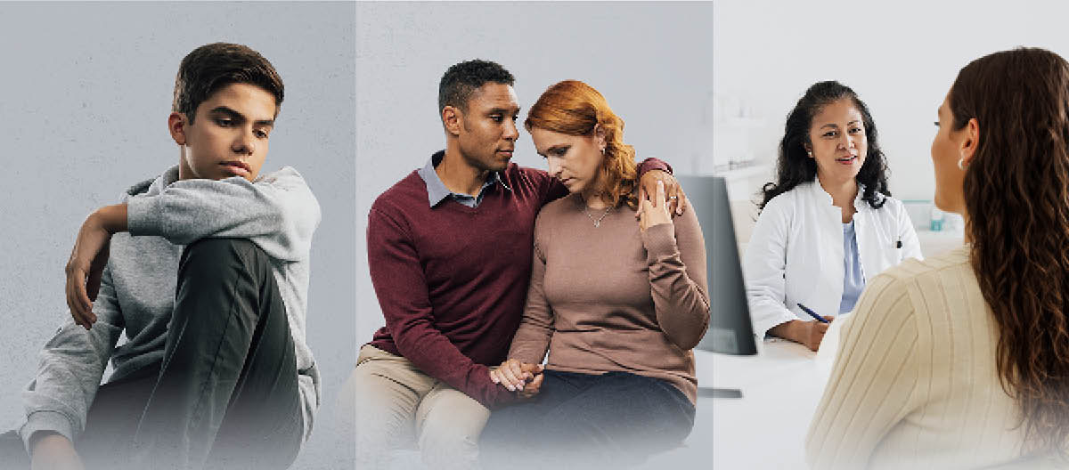 Serie de fotos: 1. Un adolescente triste y deprimido. 2. Un hombre consuela a su esposa, que está angustiada. 3. Una mujer habla con una profesional de la salud.