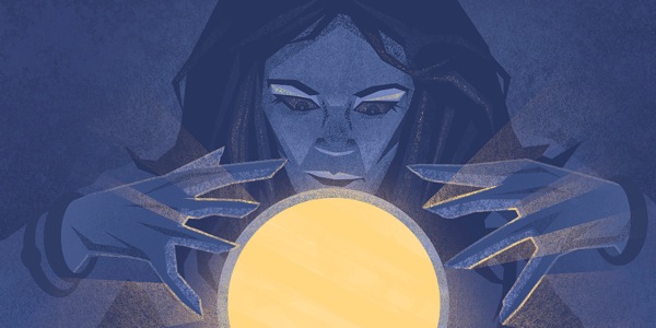 A spirit medium gazing into a crystal ball