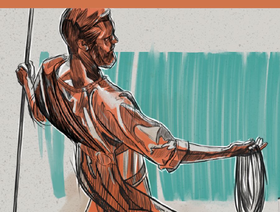 Ένας άντρας με όψη σαν του χαλκού κρατάει λιναρένιο νήμα και καλάμι μέτρησης.