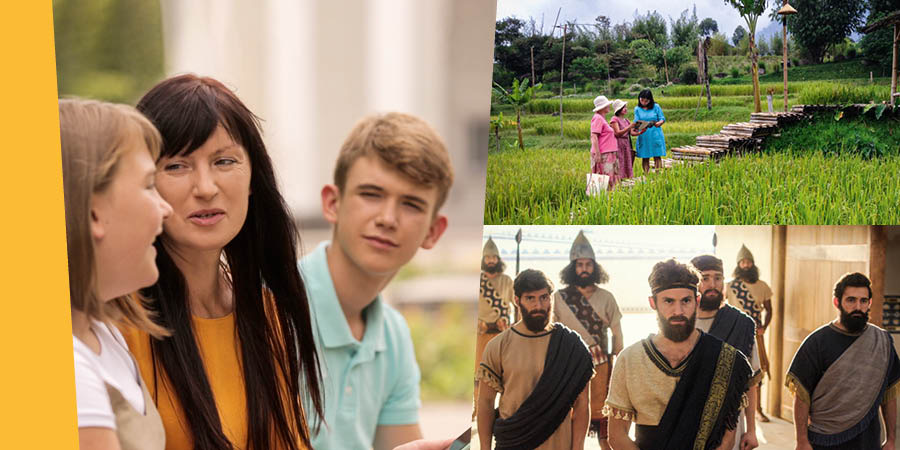 Collage: 1. A sister talks with her son and daughter. 2. Two sisters preach in a rural area in Asia. 3. Daniel and his three Hebrew friends stand before the Babylonian king.