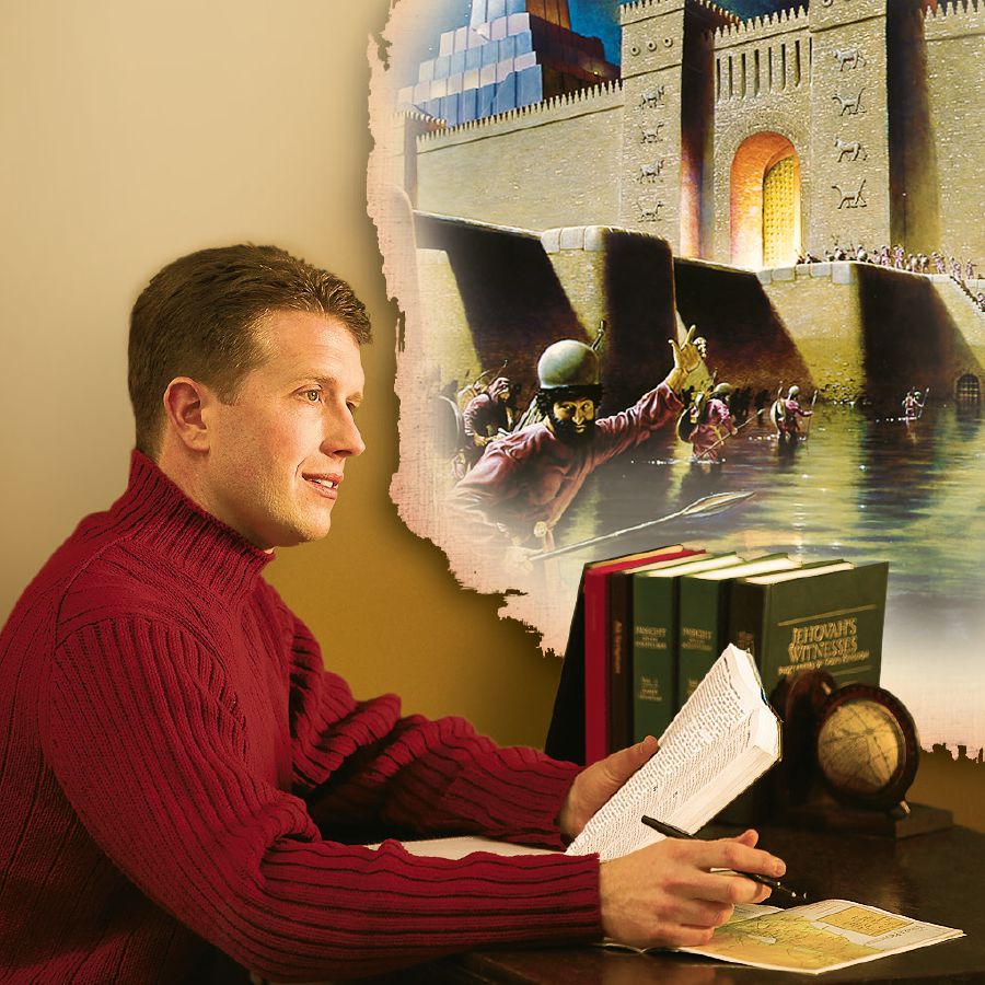 As he reads the Bible, a man imagines the scene from Isaiah’s prophecy about the fall of Babylon