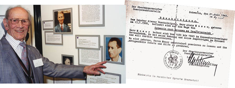 Collage: 1. Alois Moser at a memorial for those persecuted. 2. Alois’ permit that allowed him to return home.