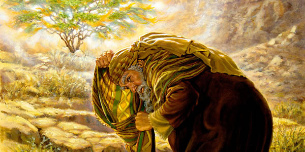 Moses covering his face at the burning bush.