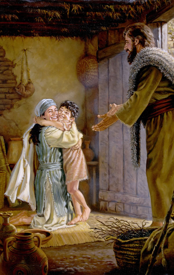 A widow joyfully embracing her resurrected little boy while the prophet Elijah looks on.