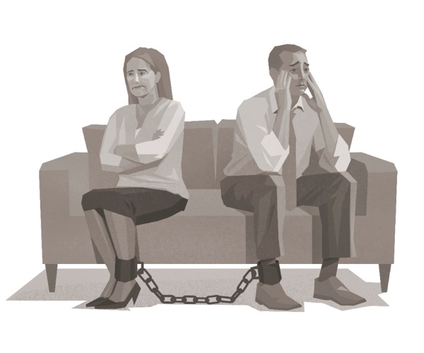 A married couple chained together at the ankles